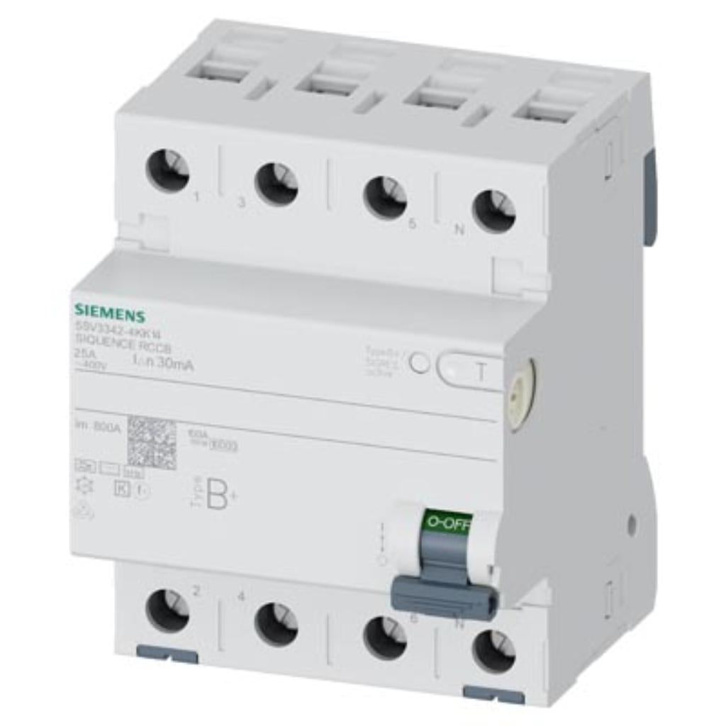 Interruptor diferencial, 4 polos, tipo B, 400V, 25A, 30mA, con retardo breve