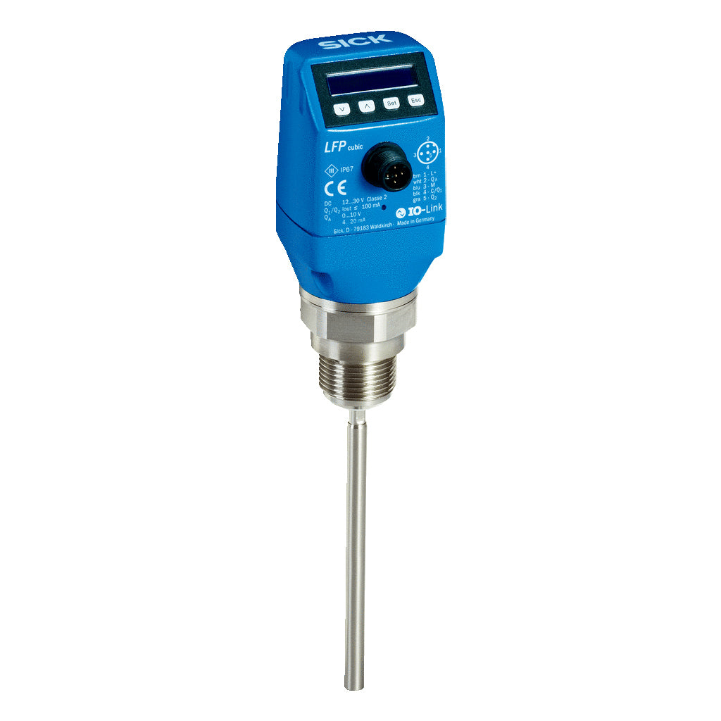 Sensor de nivel LFP Inox, G ¾ A, 1.700mm, Sonda higiénica, 1x PNP + 1x PNP/NPN + 4-20mA, M12 5P