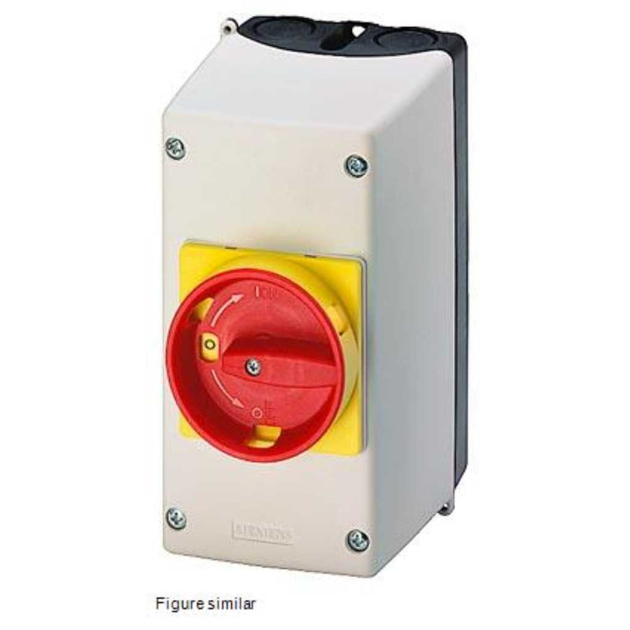 Caja de superficie de material aislante con mando giratorio de desconexión de emergencia 54 mm, c...