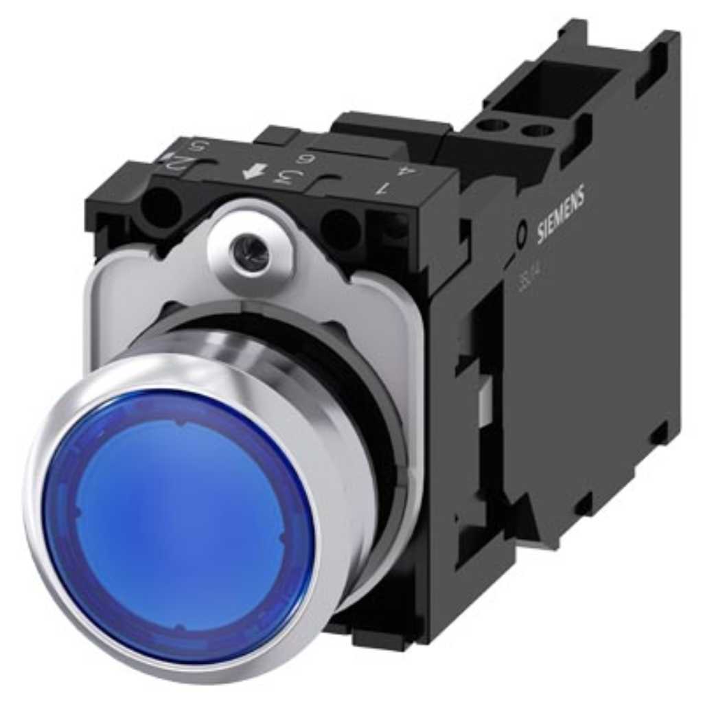 Pulsador 3SU, 22mm, metal, azul, 1NA+1NC, resorte