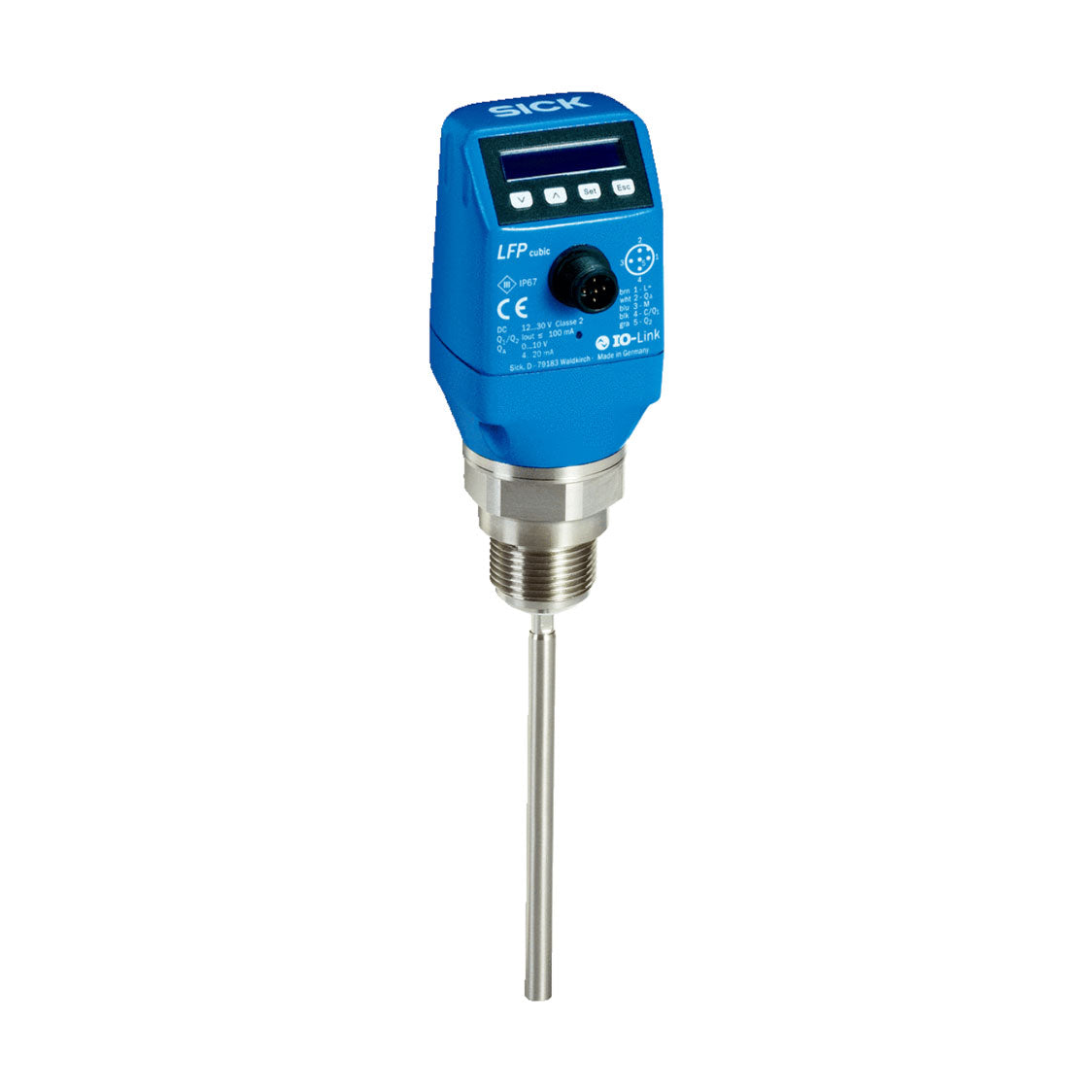 Sensor de nivel LFP Cubic, G ¾ A, 300mm, Sonda varilla, 1x PNP + 1x PNP/NPN + 4-20mA, M12 5P