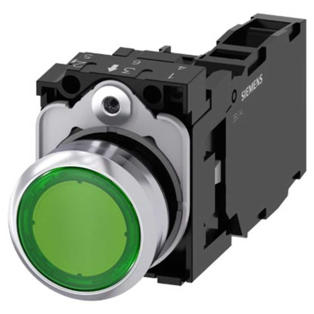 Pulsador 3SU, 22mm, metal, verde, 1NA+1NC, tornillo