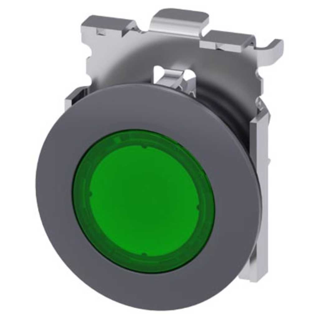 Piloto señalización 3SU, 30mm, metal, verde, rasante