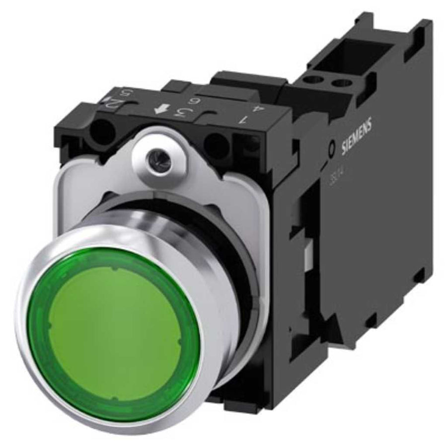 Pulsador 3SU, 22mm, metal, verde, 1NA+1NC, resorte
