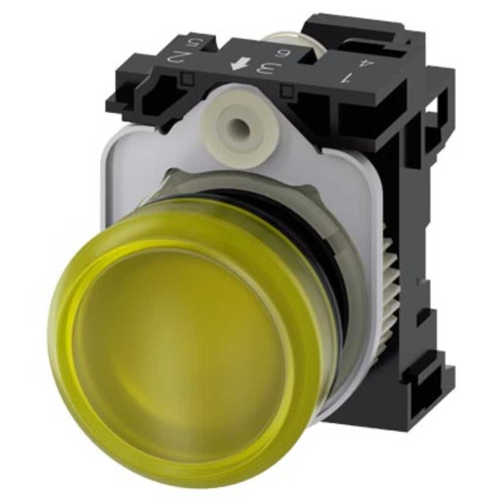 Pulsador 3SU, 22mm, plástico, amarillo, resorte