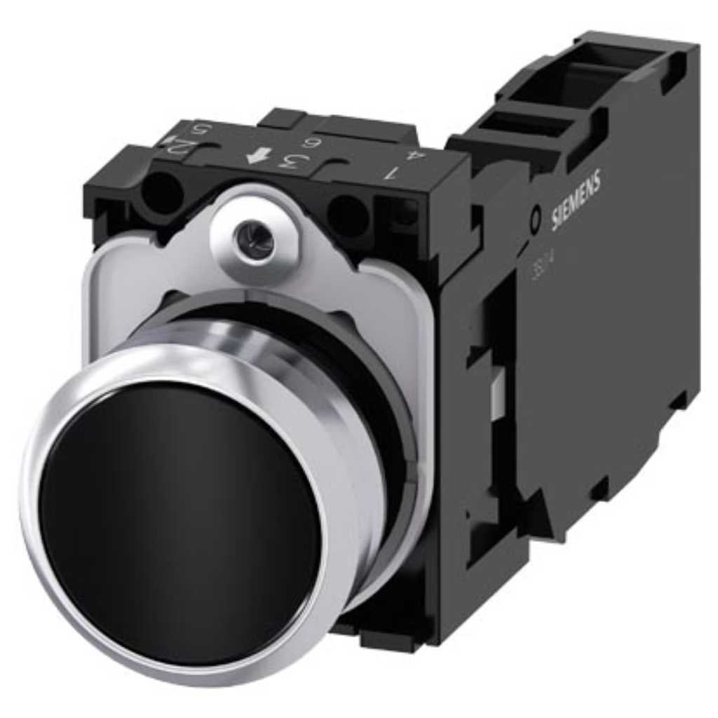 Pulsador 3SU, 22mm, metal, negro, 1NA+1NC, tornillo