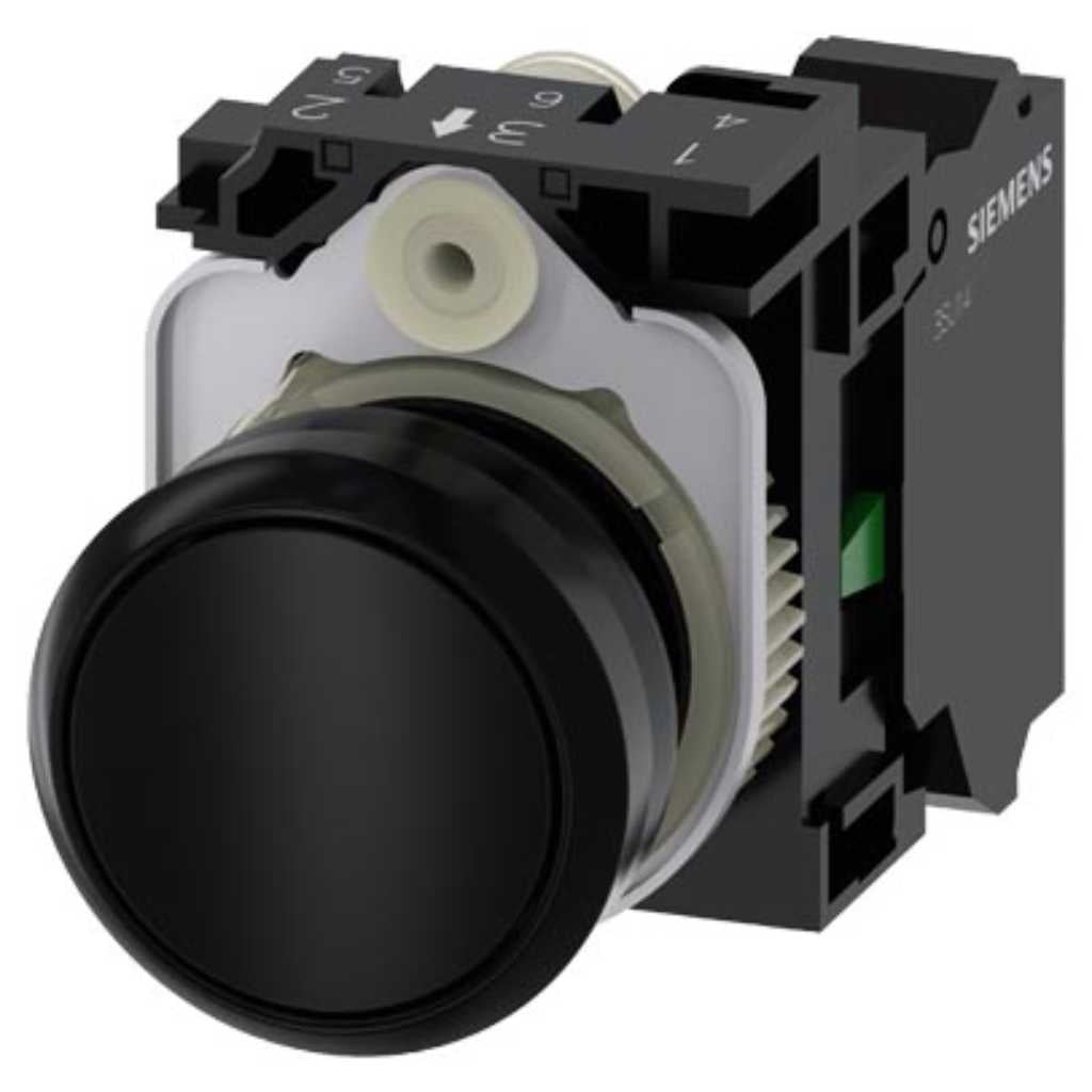 Pulsador 3SU, 22mm, plástico, negro, 1NA, resorte
