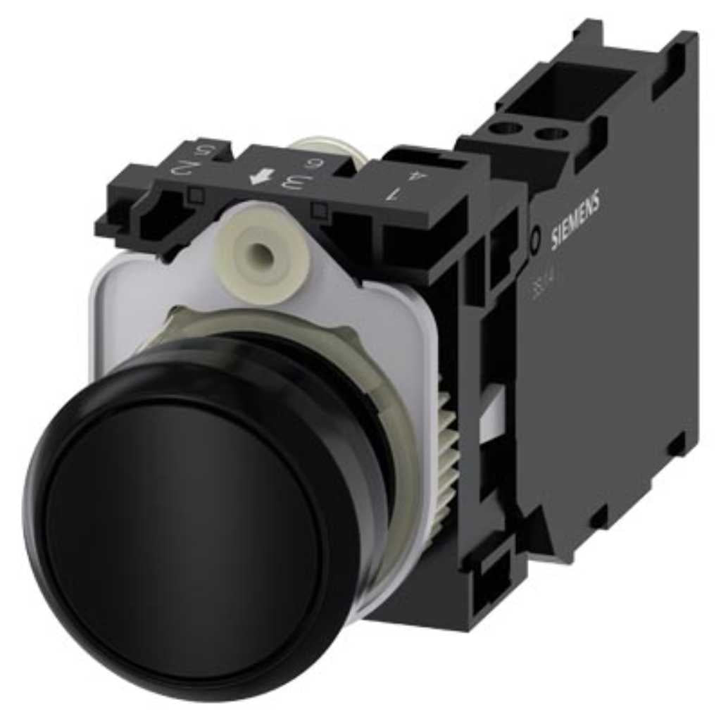 Pulsador 3SU, 22mm, plástico, negro, 1NA+1NC, resorte
