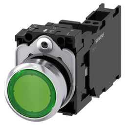 Pulsador 3SU, 22mm, metal, verde, 1NA+1NC, resorte