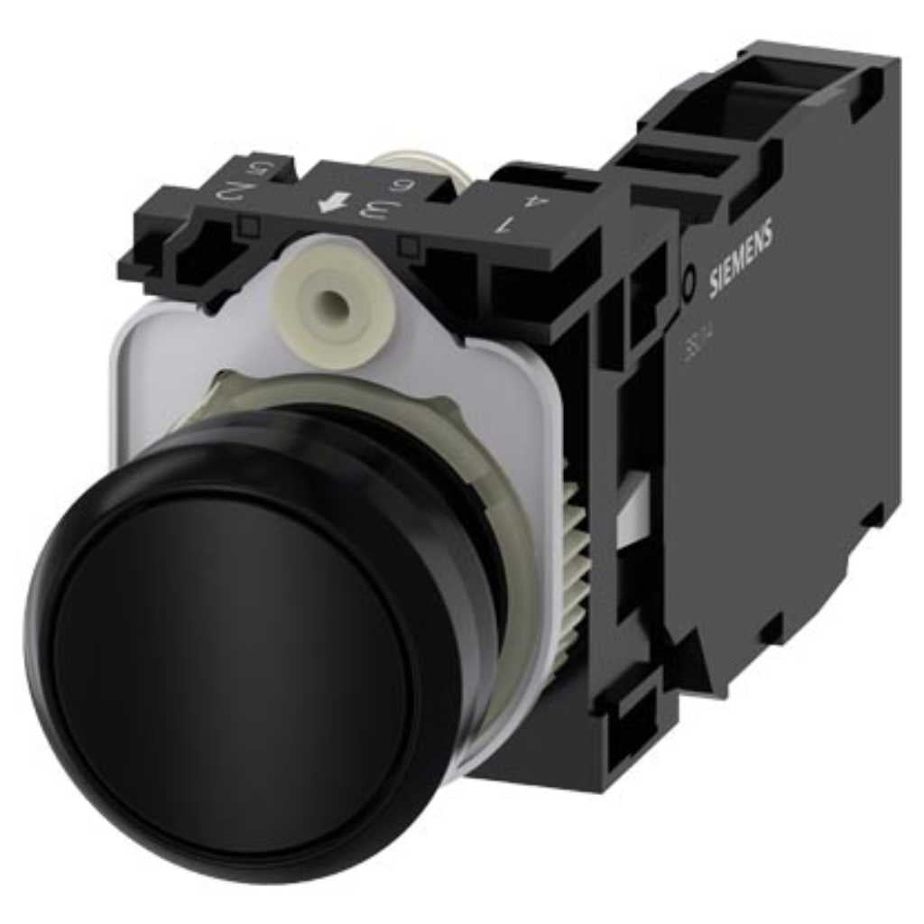 Pulsador 3SU, 22mm, plástico, negro, 1NA+1NC, tornillo
