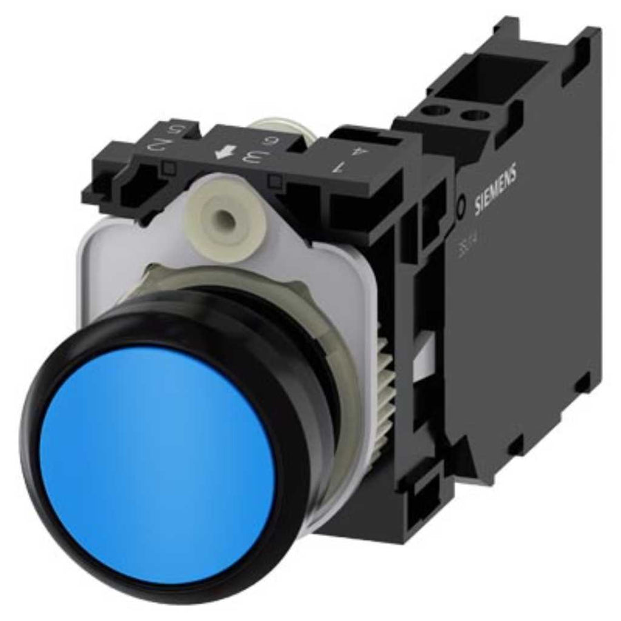 Pulsador 3SU, 22mm, plástico, azul, 1NA+1NC, resorte
