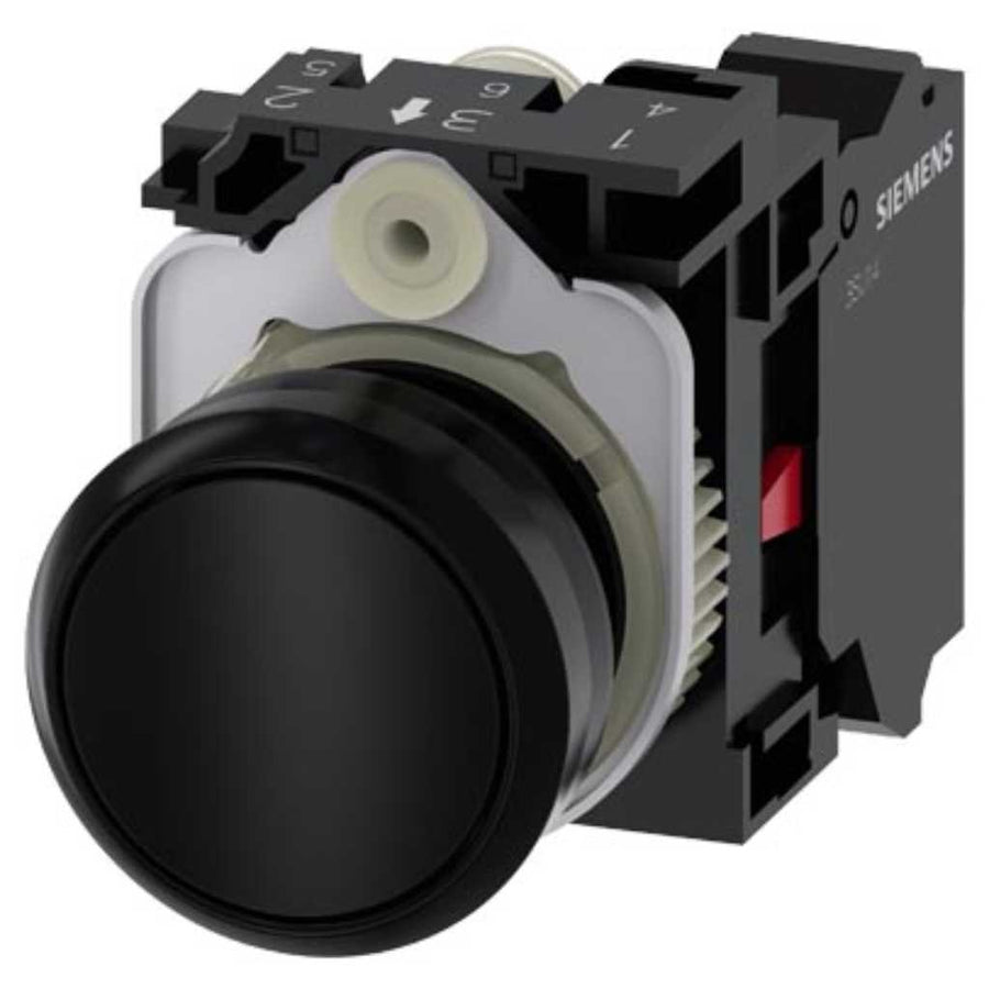 Pulsador 3SU, 22mm, plástico, negro, 1NC, resorte