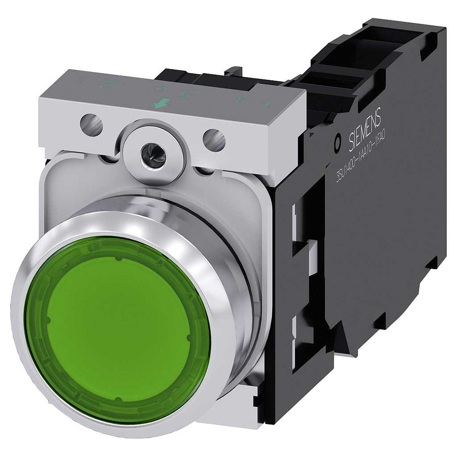 Pulsador 3SU, 22mm, metal, verde, 1NA+1NC, tornillo