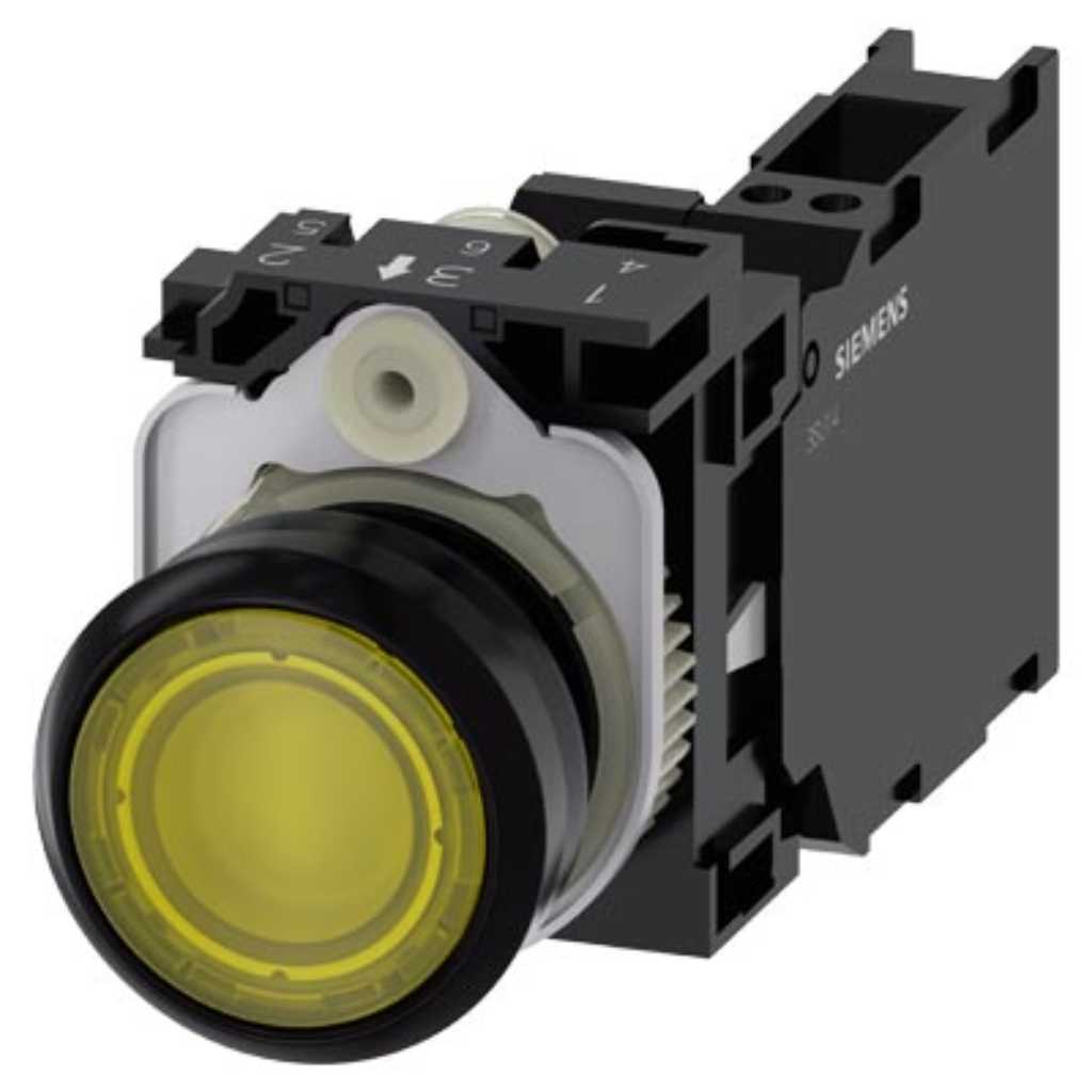 Pulsador 3SU, 22mm, plástico, amarillo, 1NA+1NC, resorte