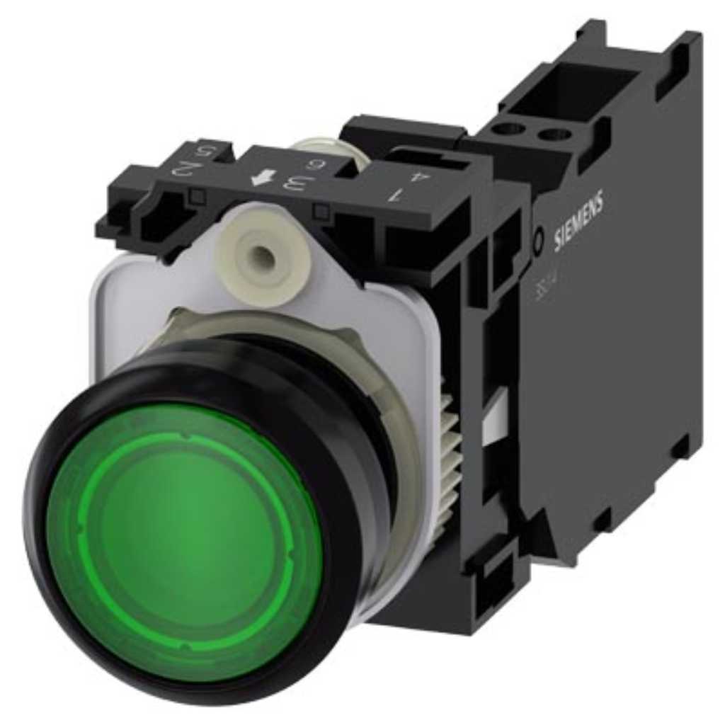 Pulsador 3SU, 22mm, plástico, verde, 1NA+1NC, resorte