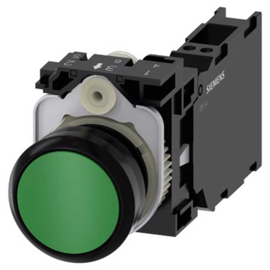Pulsador 3SU, 22mm, plástico, verde, 1NA+1NC, resorte