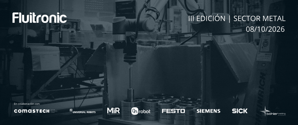 Robot colaborativo paletizando piezas metálicas en la 3ª Jornada de Puertas Abiertas del Sector Metal, 8 de octubre en Comastech (Blanes), con Fluitronic, Comastech, Universal Robots, MiR, OnRobot, Pickit, Festo, Siemens, SICK y Böhler Welding