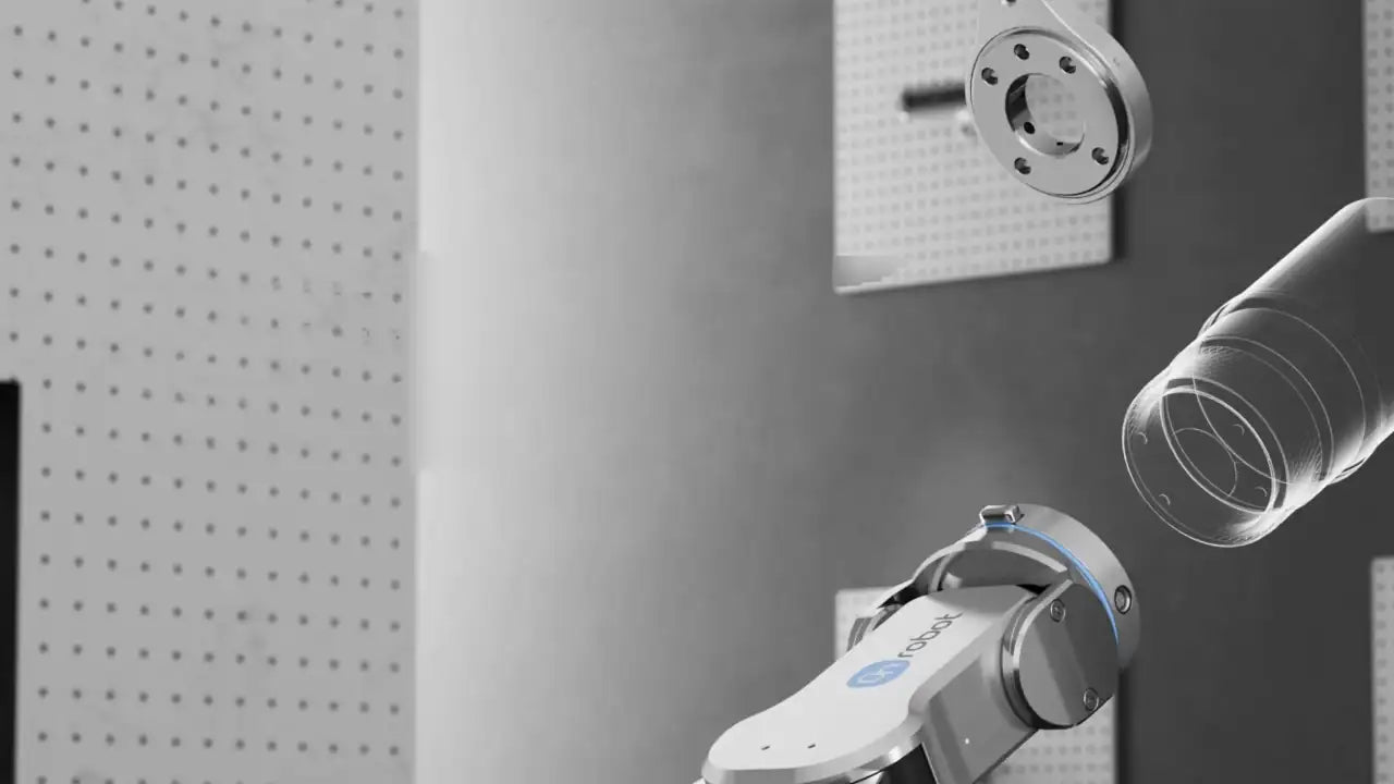Montaje del visor OnRobot Eyes y la pinza RG2 en la muñeca de un cobot UR5e